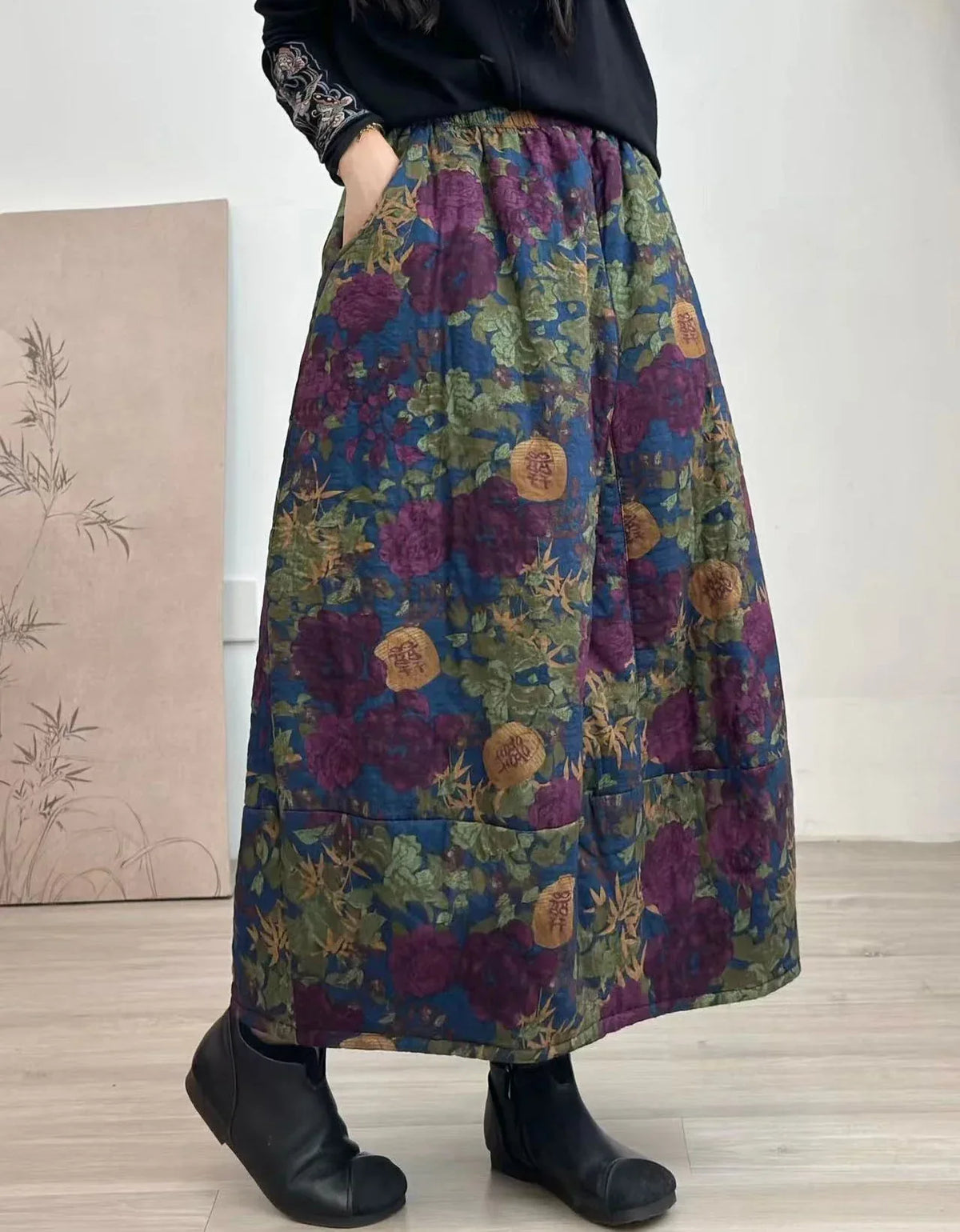 Vintage Floral Quilted Winter Maxi Skirt for Women - Islinen