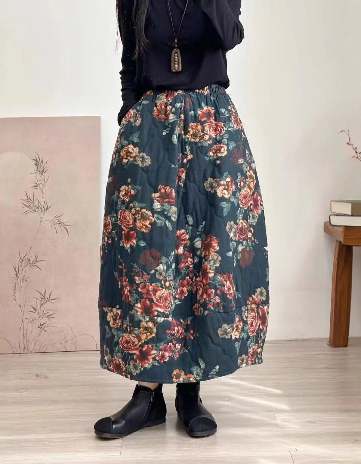 Vintage Floral Quilted Winter Maxi Skirt for Women - Islinen