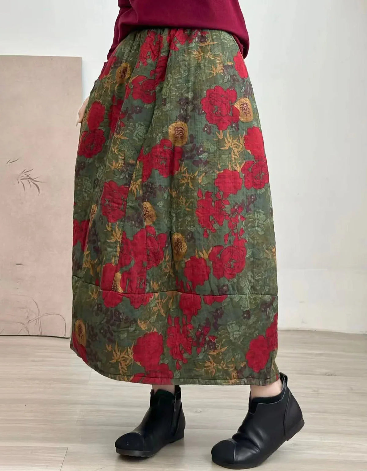 Vintage Floral Quilted Winter Maxi Skirt for Women - Islinen