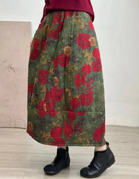 Vintage Floral Quilted Winter Maxi Skirt for Women - Islinen