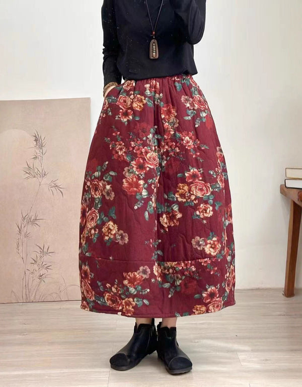 Vintage Floral Quilted Winter Maxi Skirt for Women