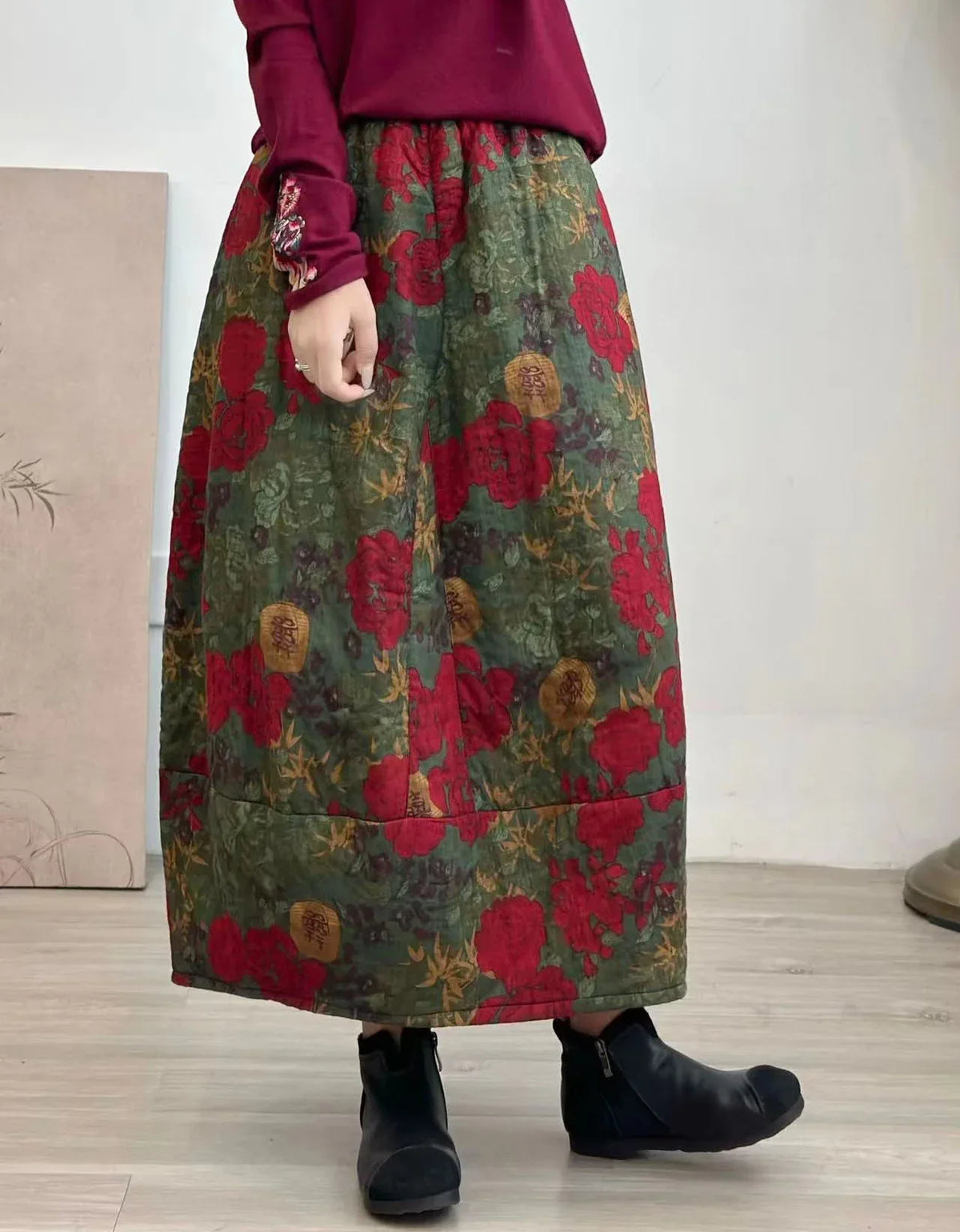 Vintage Floral Quilted Winter Maxi Skirt for Women - Islinen