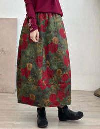 Vintage Floral Quilted Winter Maxi Skirt for Women - Islinen
