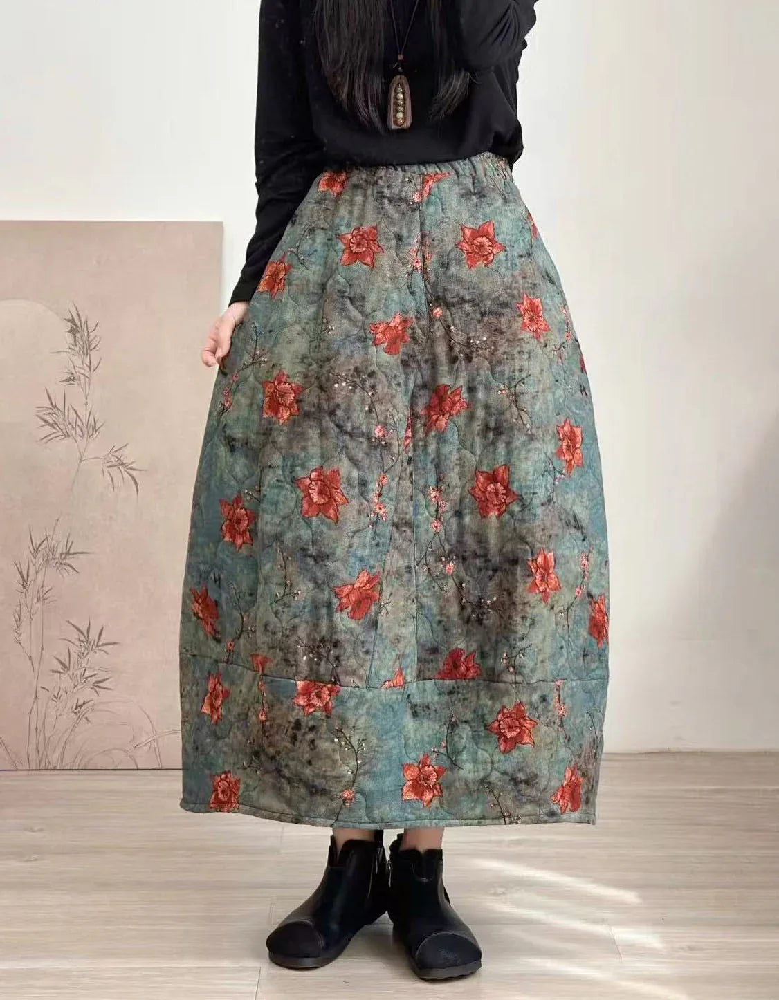 Vintage Floral Quilted Winter Maxi Skirt for Women - Islinen