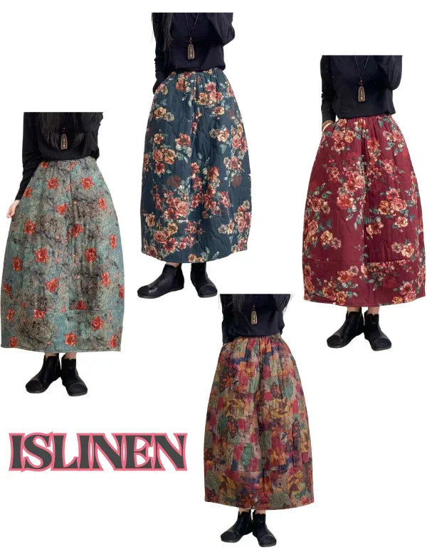 Vintage Floral Quilted Winter Maxi Skirt for Women - Islinen