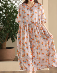 Vintage Floral Short Sleeve Loose Ramie Midi Dress