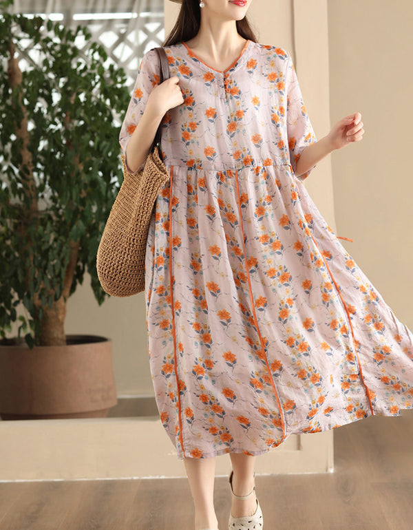 Vintage Floral Short Sleeve Loose Ramie Midi Dress