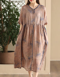 Vintage Floral Short Sleeve Loose Ramie Midi Dress