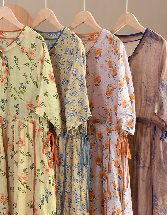 Vintage Floral Short Sleeve Loose Ramie Midi Dress