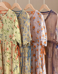 Vintage Floral Short Sleeve Loose Ramie Midi Dress