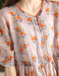 Vintage Floral Short Sleeve Loose Ramie Midi Dress