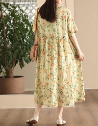 Vintage Floral Short Sleeve Loose Ramie Midi Dress