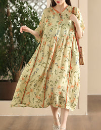 Vintage Floral Short Sleeve Loose Ramie Midi Dress