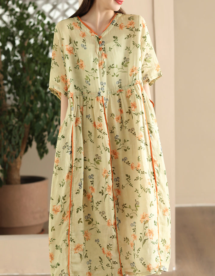 Vintage Floral Short Sleeve Loose Ramie Midi Dress