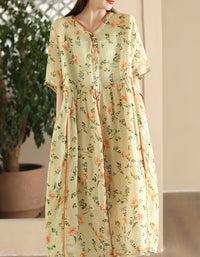 Vintage Floral Short Sleeve Loose Ramie Midi Dress