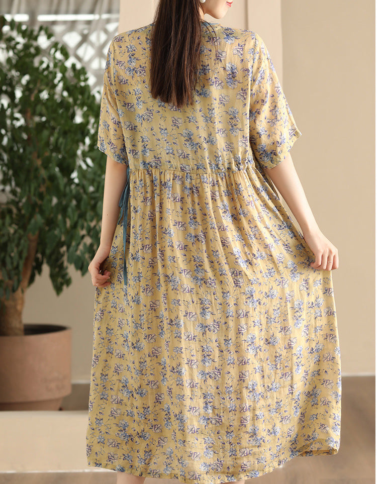 Vintage Floral Short Sleeve Loose Ramie Midi Dress