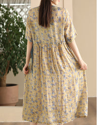 Vintage Floral Short Sleeve Loose Ramie Midi Dress