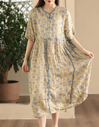 Vintage Floral Short Sleeve Loose Ramie Midi Dress