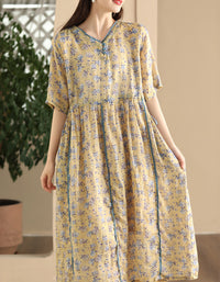 Vintage Floral Short Sleeve Loose Ramie Midi Dress