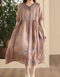 Vintage Floral Short Sleeve Loose Ramie Midi Dress