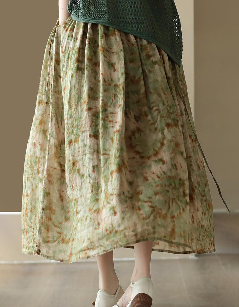 Vintage Floral Tie-Dye Cotton Linen Maxi Skirt