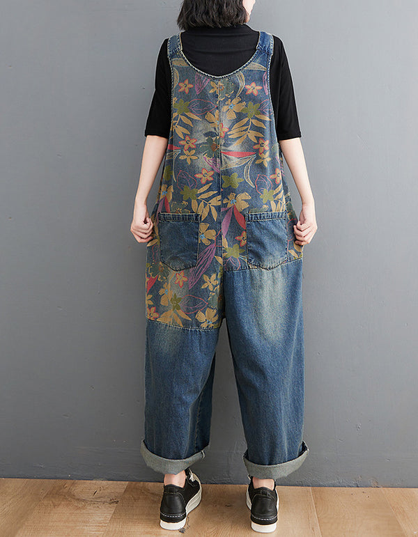 Vintage Floral Tropical Print Denim Jumpsuit