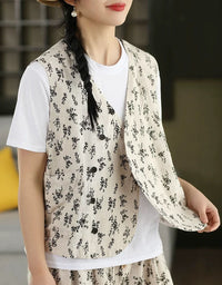Relaxed fit boho floral vest for women in lightweight linen blend fabric