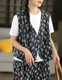 Lightweight summer linen vest with black floral pattern and relaxed silhouette