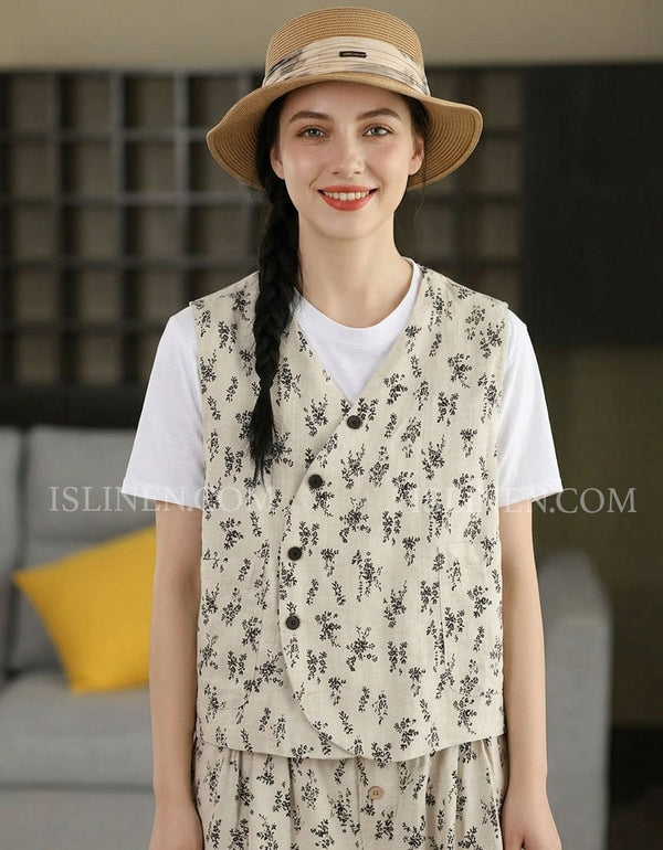 Women's vintage floral linen vest with sleeveless design and button front closure