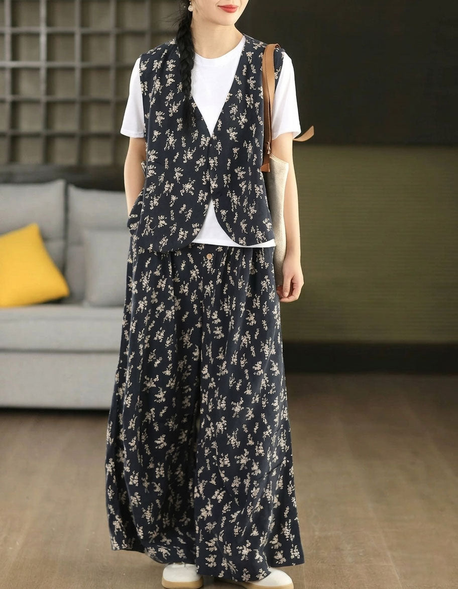 Bohemian floral linen waistcoat styled with matching printed bottoms
