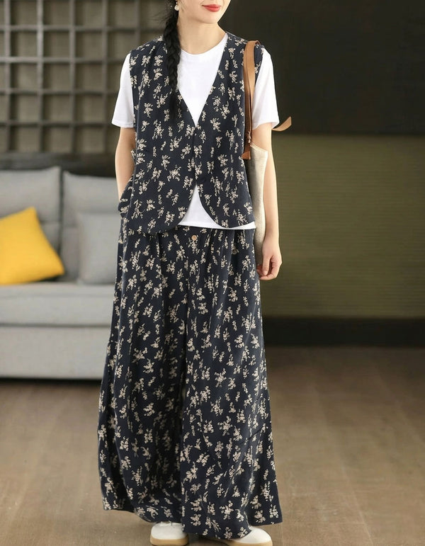 Bohemian floral linen waistcoat styled with matching printed bottoms