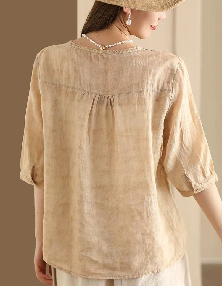 Vintage Floral V-Neck Ramie Linen Blouse