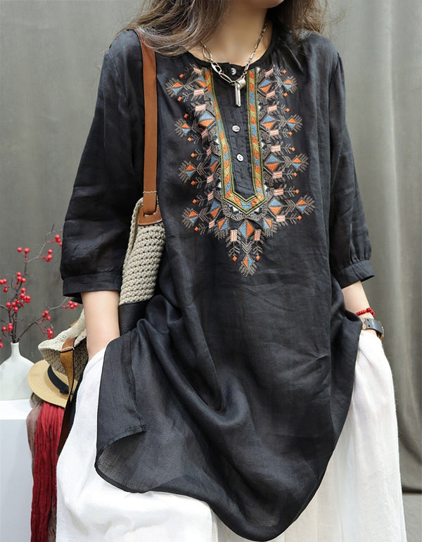 Vintage Embroidered Neck Tunic Shirt Dress