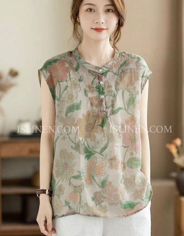 Women's Floral Linen Cotton Loose Fit Summer Blouse