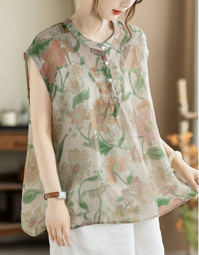 Women's Green Floral Linen Blend Button Blouse