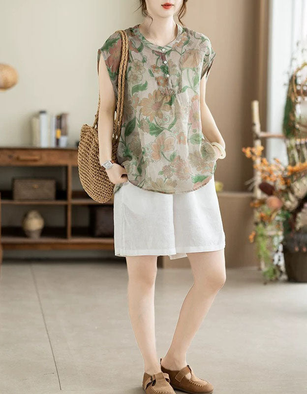 Vintage Floral Print Linen Blend Casual Tunic Top