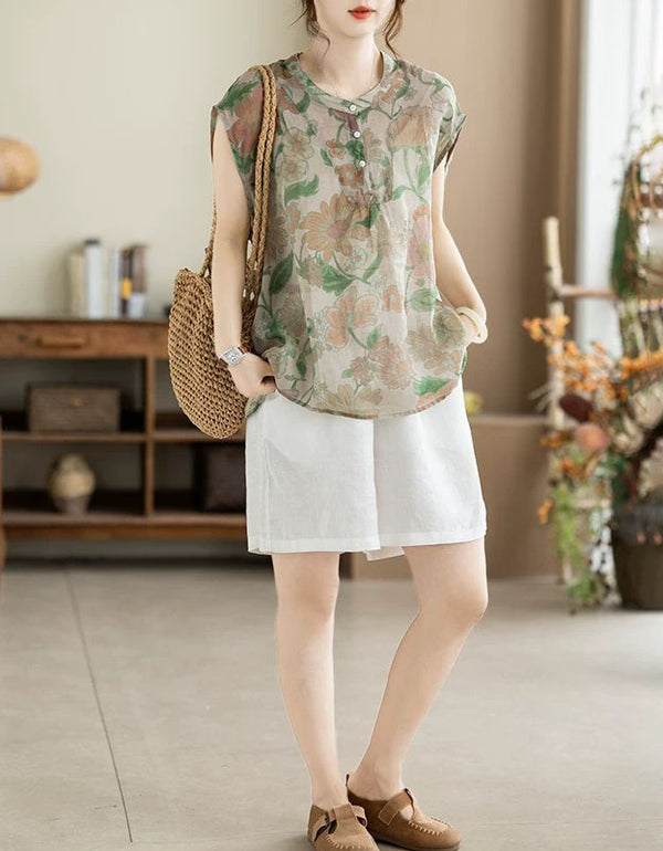 Vintage Floral Print Linen Blend Casual Tunic Top