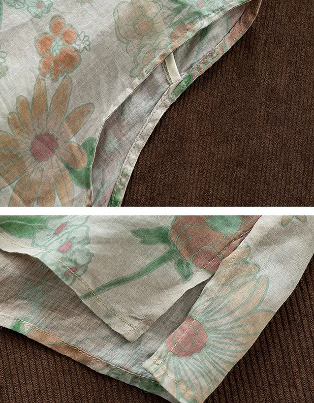 Vintage Style Floral Linen Short Sleeve Blouse