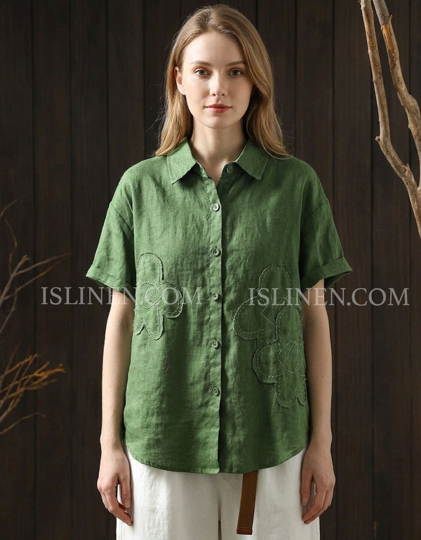 Women's Green Linen Shirt with Floral Applique Design