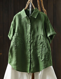 Casual Green Linen Floral Embroidered Button Shirt