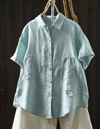 Women's Blue Linen Shirt with Floral Applique Design