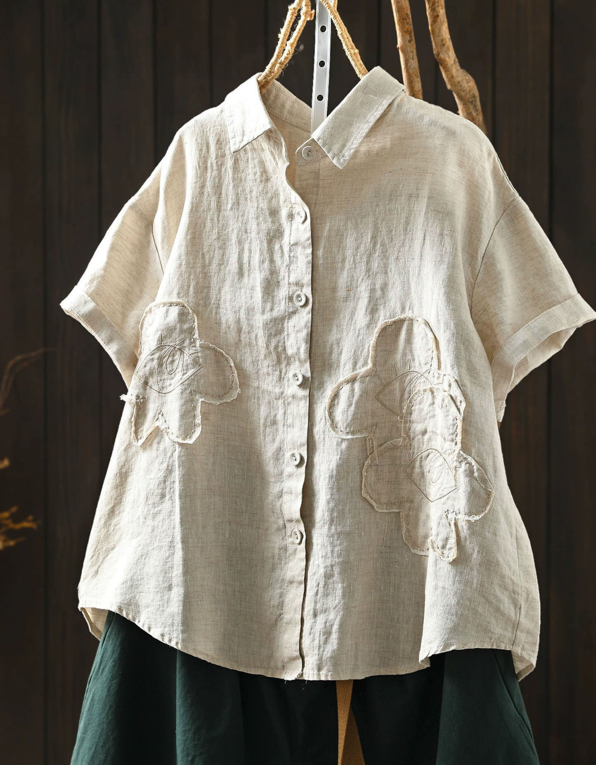Boho Linen Floral Applique Short Sleeve Shirt