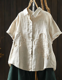 Boho Linen Floral Applique Short Sleeve Shirt