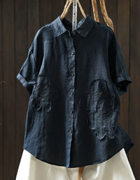 Casual Navy Linen Floral Embroidered Button Shirt