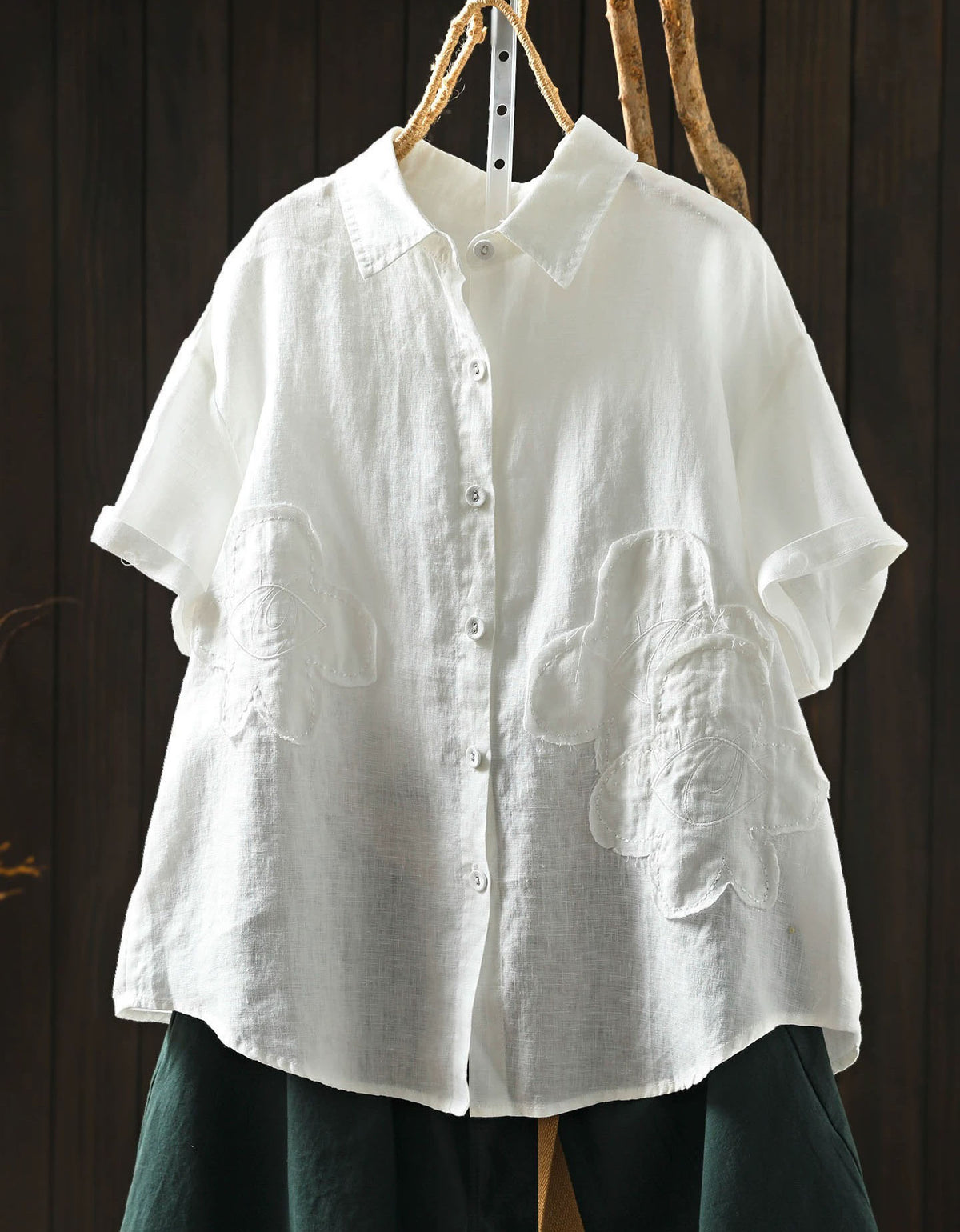 Women's Loose Fit White Linen Floral Button Blouse