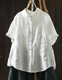 Women's Loose Fit White Linen Floral Button Blouse