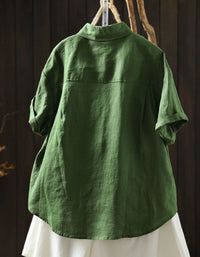 Relaxed Fit Green Linen Floral Artisan Shirt Women