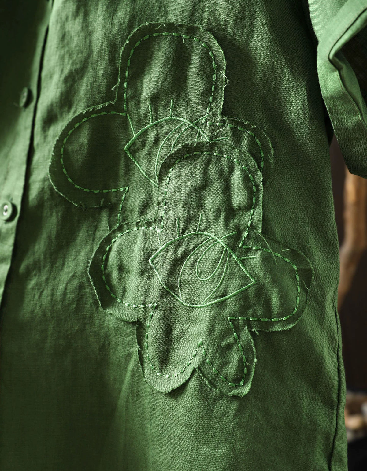 Vintage Botanical Green Linen Collared Summer Shirt