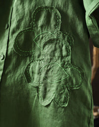 Vintage Botanical Green Linen Collared Summer Shirt