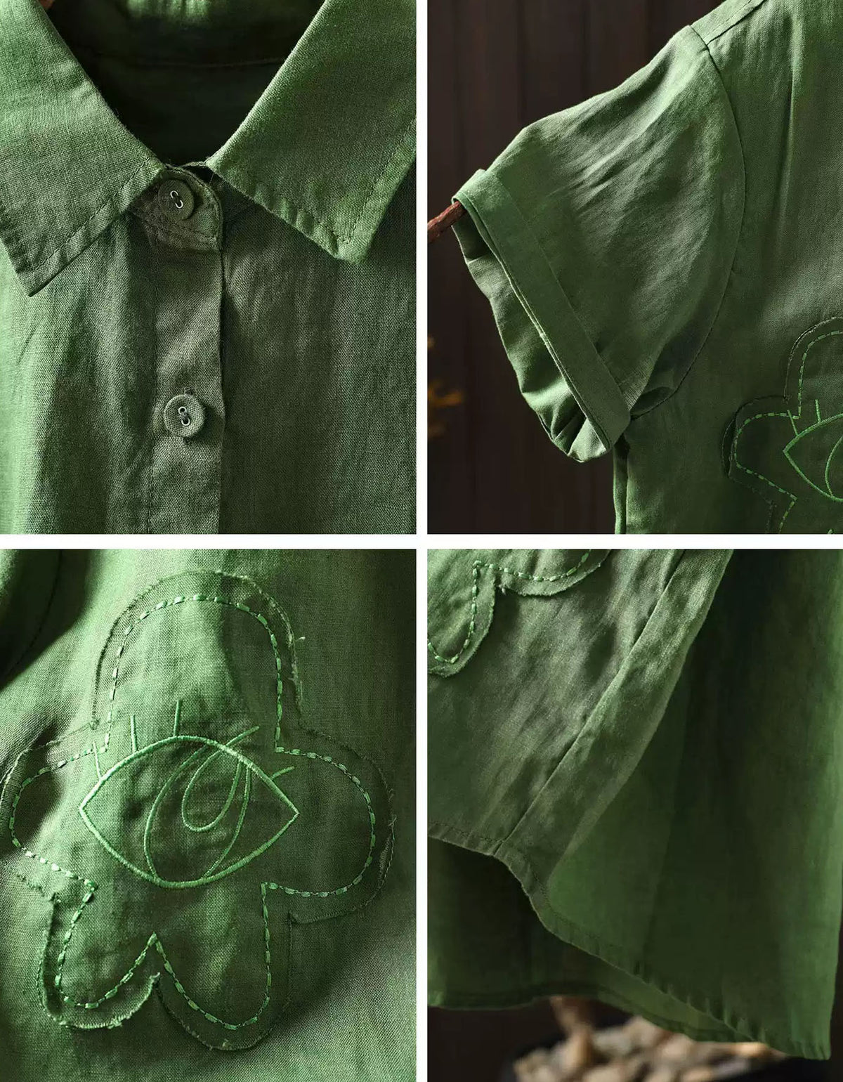 Women's Casual Linen Floral Applique Button Blouse